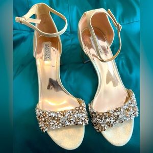 COPY - Jewel Badgley Mischka Sandals - Embellished Gold Suede Block Heel
